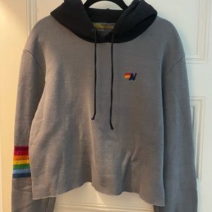 Aviator Nation Rainbow Stitch Sleeve Crop Hoodie - charcoal XL